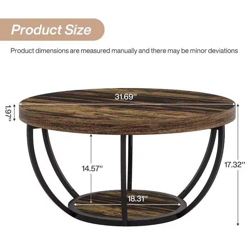 Table basse ronde de 32 pouces, table centrale à 2 niveaux de style rustique avec étagères de rangement ouvertes pour le salon, marron rustique