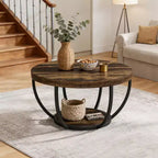 Table basse ronde de 32 pouces, table centrale à 2 niveaux de style rustique avec étagères de rangement ouvertes pour le salon, marron rustique