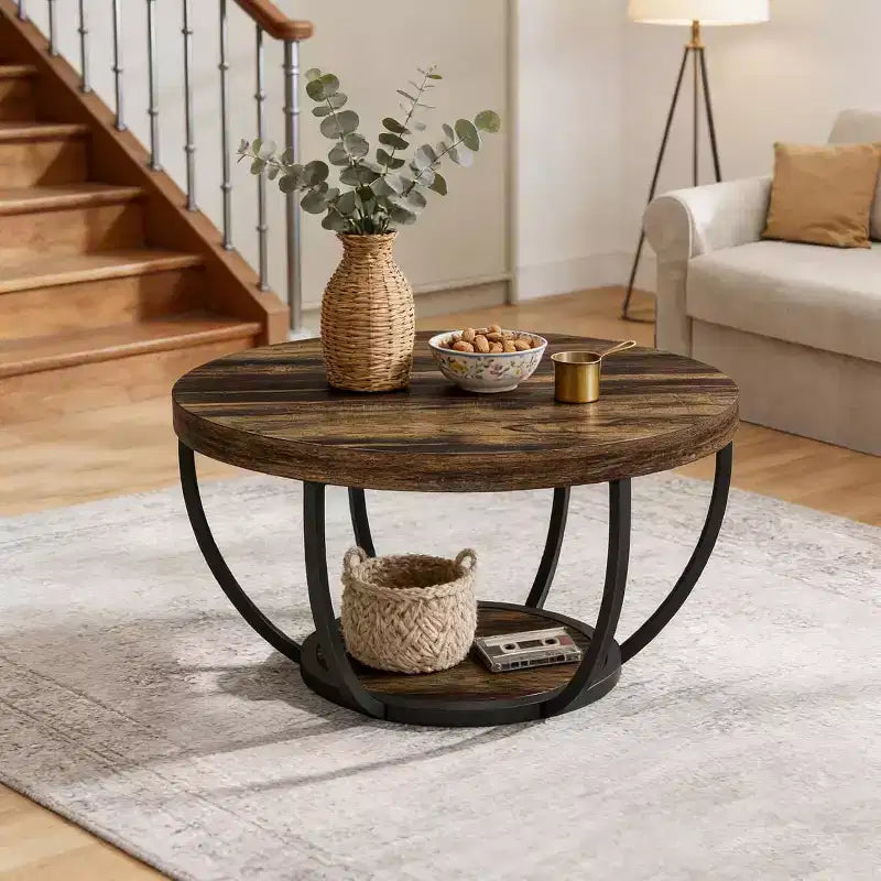 Table basse ronde de 32 pouces, table centrale à 2 niveaux de style rustique avec étagères de rangement ouvertes pour le salon, marron rustique