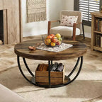 Table basse ronde de 32 pouces, table centrale à 2 niveaux de style rustique avec étagères de rangement ouvertes pour le salon, marron rustique