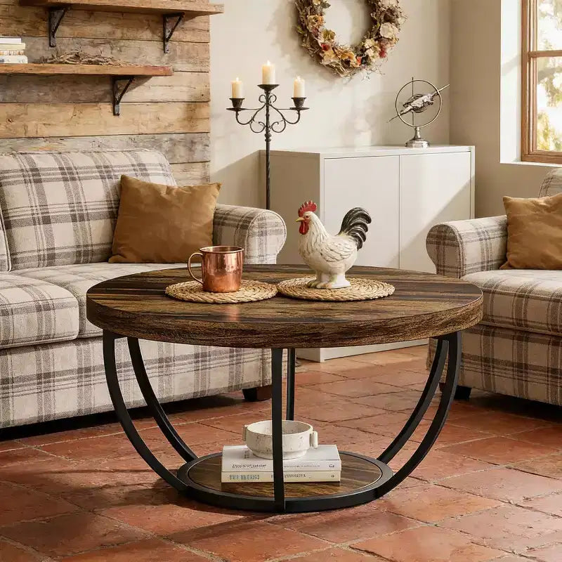 Table basse ronde de 32 pouces, table centrale à 2 niveaux de style rustique avec étagères de rangement ouvertes pour le salon, marron rustique