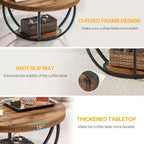 Table basse ronde de 32 pouces, table centrale à 2 niveaux de style rustique avec étagères de rangement ouvertes pour le salon, marron rustique