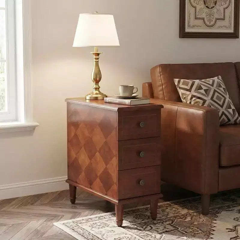 Table de chevet en bois entièrement assemblée, Table d'appoint étroite à 3 tiroirs pour chambre à coucher
