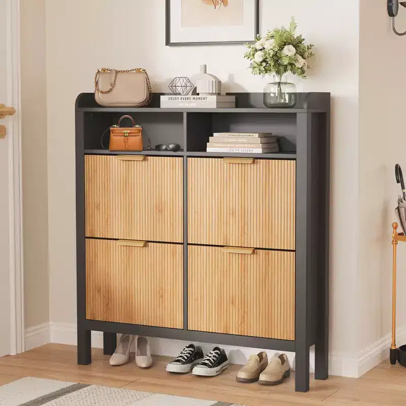 Shoe Storage Cabinet with 4 Flip Drawers, Fluted Narrow Shoe Organizer with Legs, Freestanding Hidden Cabinet for Entryway and Hallway