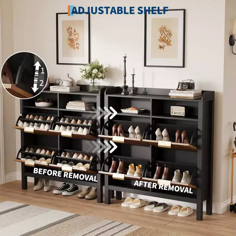 Meuble à chaussures avec 4 tiroirs basculants, Organiseur de chaussures étroit cannelé avec pieds, Armoire dissimulée autoportante pour entrée et couloir
