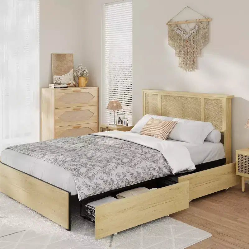 Queen Bed Frame with Rattan Headboard, Sturdy Metal Platform and Wooden Slats, No Box Spring Needed
