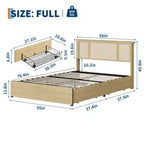 Cadre de lit Queen Size avec tête de lit en rotin, plateforme en métal robuste et lattes en bois, aucun sommier tapissier requis
