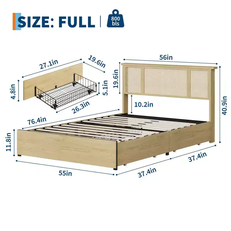 Cadre de lit Queen Size avec tête de lit en rotin, plateforme en métal robuste et lattes en bois, aucun sommier tapissier requis
