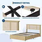 Cadre de lit Queen Size avec tête de lit en rotin, plateforme en métal robuste et lattes en bois, aucun sommier tapissier requis