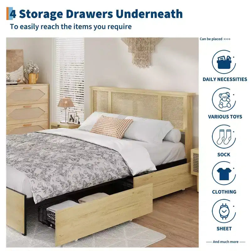 Cadre de lit Queen Size avec tête de lit en rotin, plateforme en métal robuste et lattes en bois, aucun sommier tapissier requis