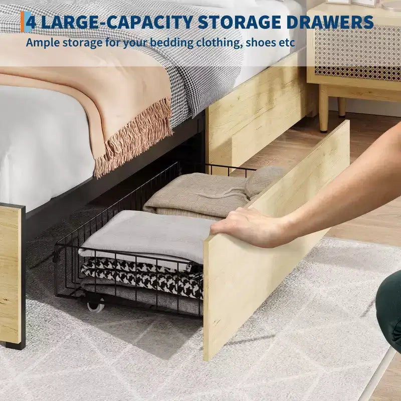 Cadre de lit Queen Size avec tête de lit en rotin, plateforme en métal robuste et lattes en bois, aucun sommier tapissier requis