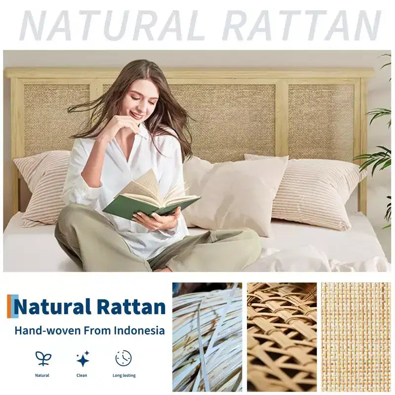 Cadre de lit Queen Size avec tête de lit en rotin, plateforme en métal robuste et lattes en bois, aucun sommier tapissier requis