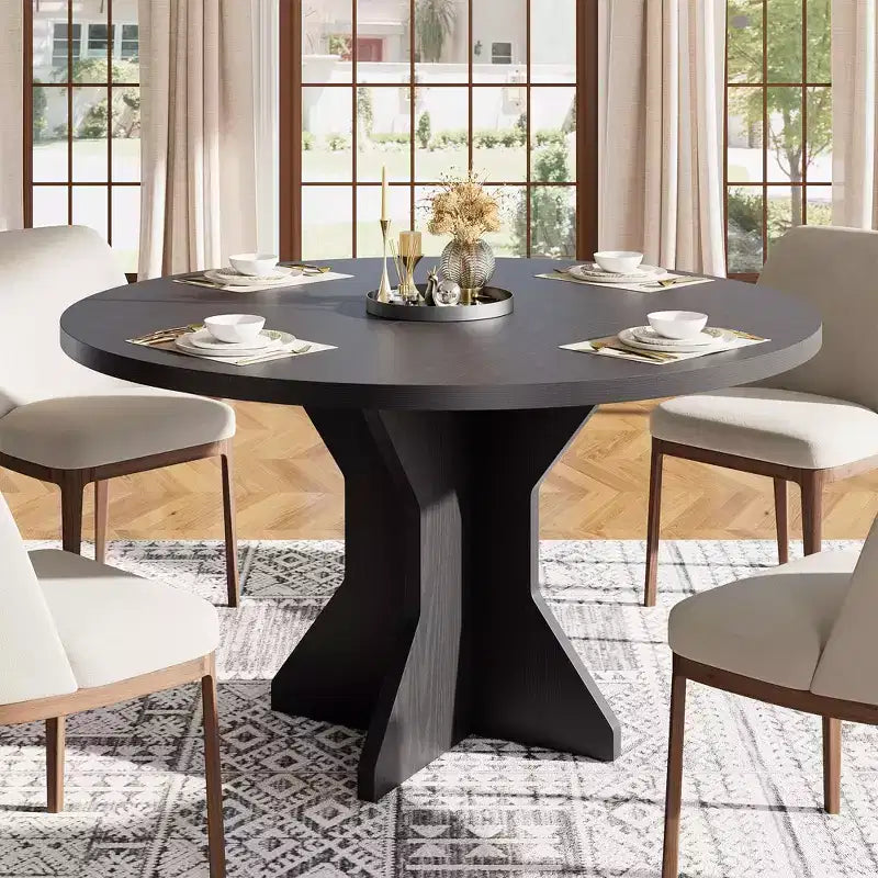 Table à manger ronde pour 4-6 personnes - Table de cuisine circulaire de 120 cm avec base sur pied solide, meubles de salle à manger pour petits espaces dans le salon