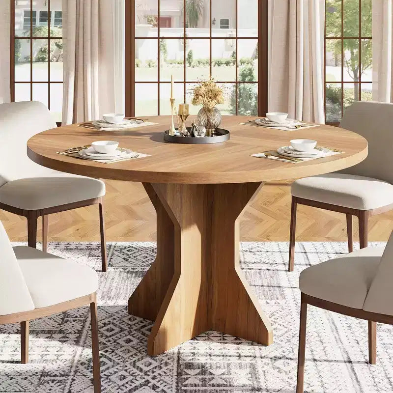 Table à manger ronde pour 4-6 personnes - Table de cuisine circulaire de 120 cm avec base sur pied solide, meubles de salle à manger pour petits espaces dans le salon