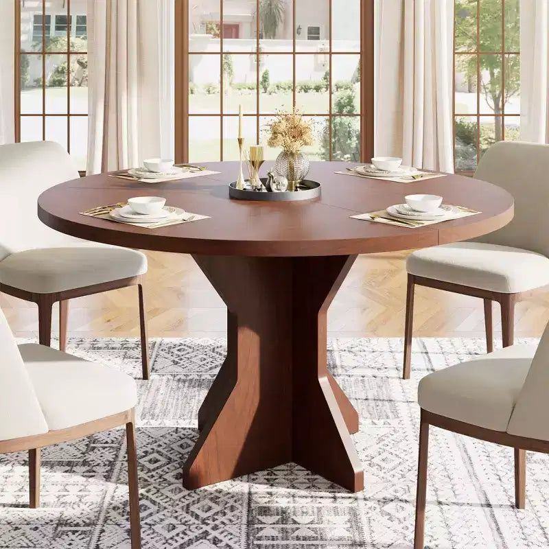 Round Dining Table for 4-6 People - 47 Circle Kitchen Dinner Table with Sturdy Pedestal Base, Small Spaces Dinning Room Furniture for Living Room