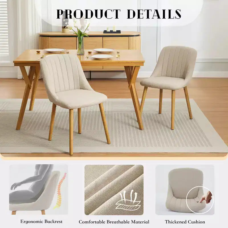 Chaises de salle à manger modernes rembourrées, lot de 2, chaises d'appoint en tissu à dossier haut avec pieds en bois, sièges confortables pour cuisine, salle à manger
