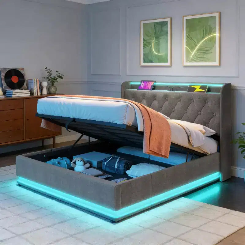 Lit King Size rembourré avec rangement hydraulique, lumières LED RGB, ports USB et USB-C