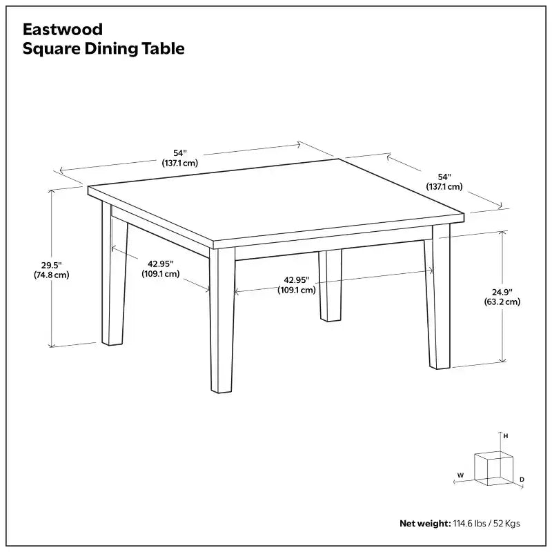 Table de salle à manger carrée contemporaine de 54 x 54 pouces