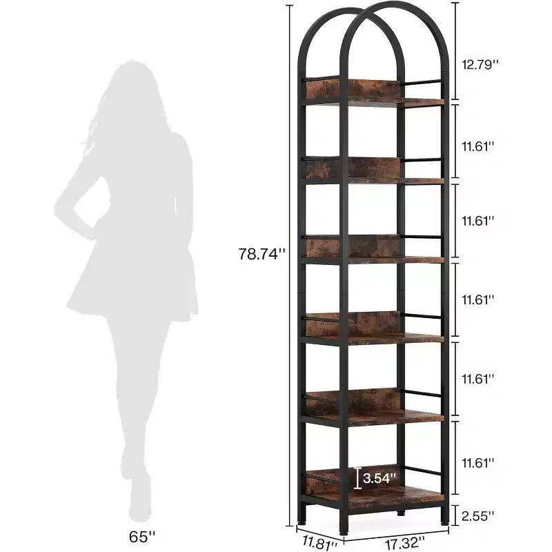 Étagère haute 78,7", bibliothèque mince à 6 niveaux avec cadre métallique, étagère étroite de style industriel pour salon, bureau, chambre à coucher, brun rustique
