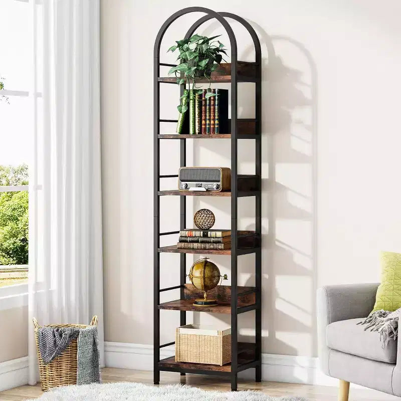 Étagère haute 78,7", bibliothèque mince à 6 niveaux avec cadre métallique, étagère étroite de style industriel pour salon, bureau, chambre à coucher, brun rustique