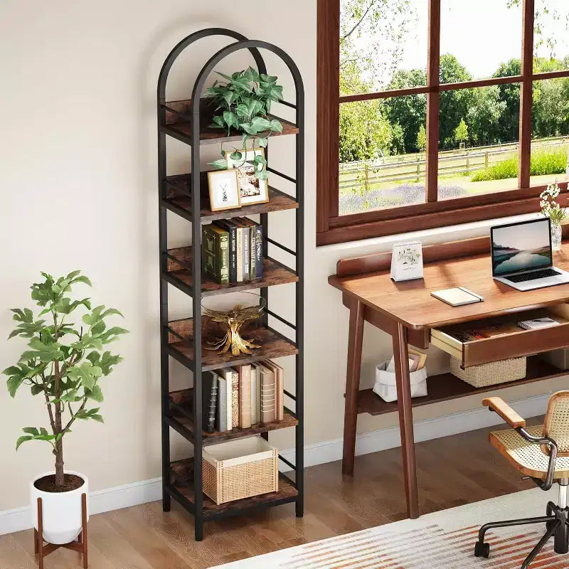 Étagère haute 78,7", bibliothèque mince à 6 niveaux avec cadre métallique, étagère étroite de style industriel pour salon, bureau, chambre à coucher, brun rustique