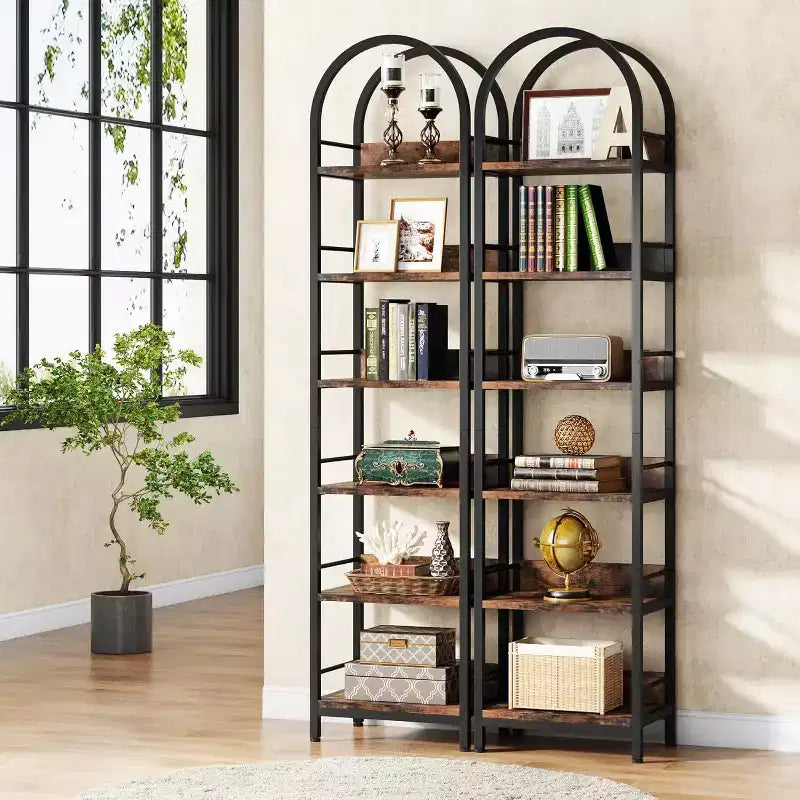 Étagère haute 78,7", bibliothèque mince à 6 niveaux avec cadre métallique, étagère étroite de style industriel pour salon, bureau, chambre à coucher, brun rustique