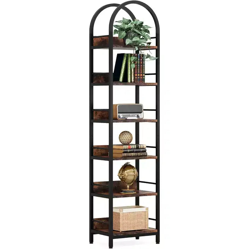 Étagère haute 78,7", bibliothèque mince à 6 niveaux avec cadre métallique, étagère étroite de style industriel pour salon, bureau, chambre à coucher, brun rustique