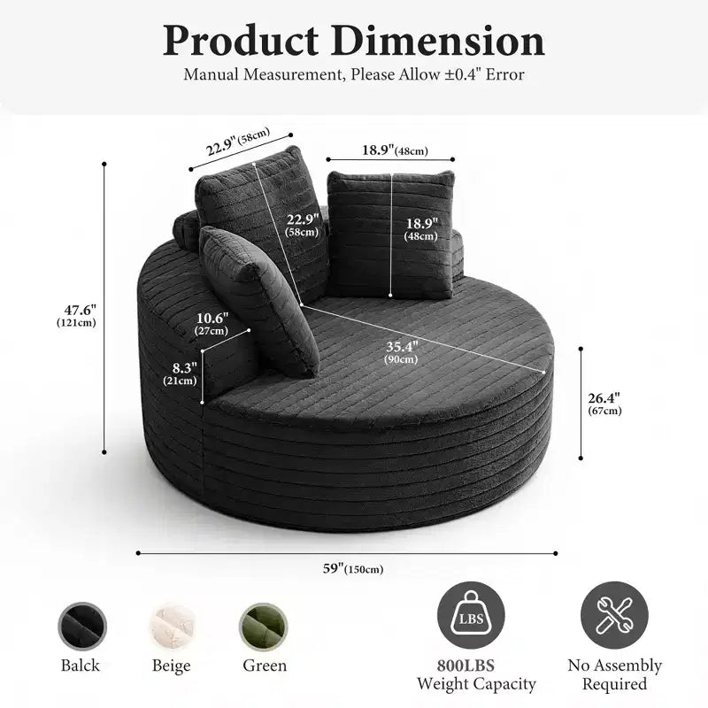 Canapé rond surdimensionné avec dossier rembourré, canapé simple au sol pour salon, aucun assemblage requis, noir