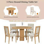Table de salle à manger ronde 5 pièces style campagnard avec 4 chaises rembourrées en bois massif, ensemble pour 4 personnes