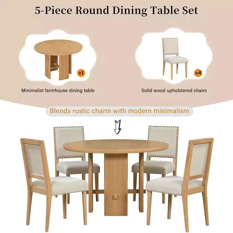 Table de salle à manger ronde 5 pièces style campagnard avec 4 chaises rembourrées en bois massif, ensemble pour 4 personnes