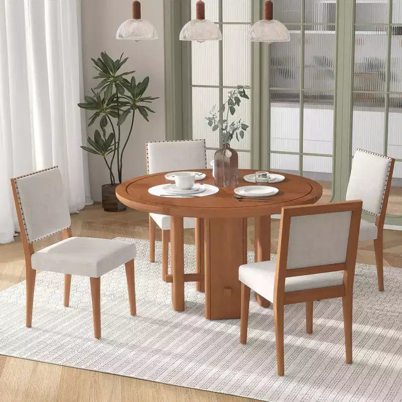 Table de salle à manger ronde 5 pièces style campagnard avec 4 chaises rembourrées en bois massif, ensemble pour 4 personnes