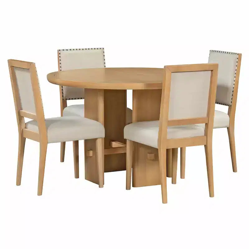Table de salle à manger ronde 5 pièces style campagnard avec 4 chaises rembourrées en bois massif, ensemble pour 4 personnes