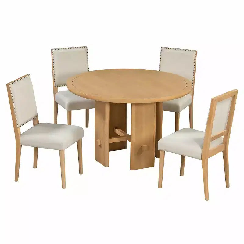 Table de salle à manger ronde 5 pièces style campagnard avec 4 chaises rembourrées en bois massif, ensemble pour 4 personnes