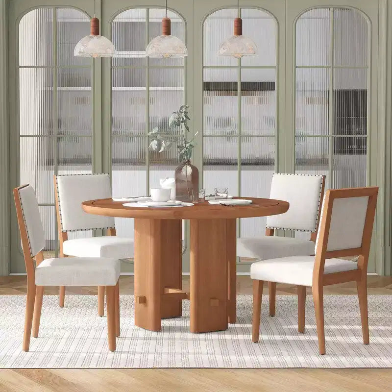 Table de salle à manger ronde 5 pièces style campagnard avec 4 chaises rembourrées en bois massif, ensemble pour 4 personnes