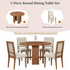 Table de salle à manger ronde 5 pièces style campagnard avec 4 chaises rembourrées en bois massif, ensemble pour 4 personnes