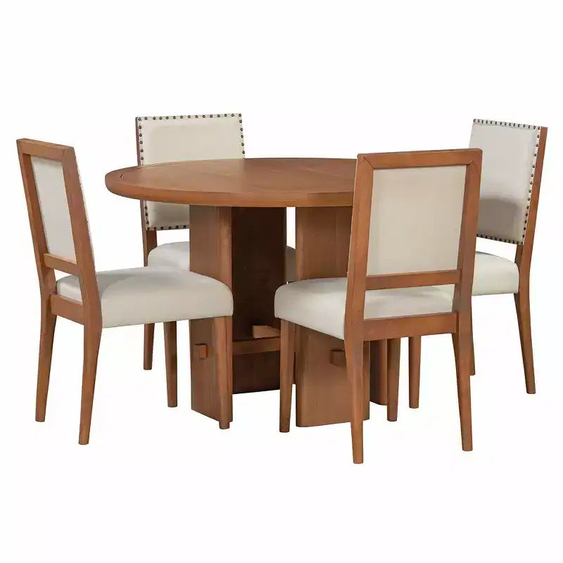 Table de salle à manger ronde 5 pièces style campagnard avec 4 chaises rembourrées en bois massif, ensemble pour 4 personnes