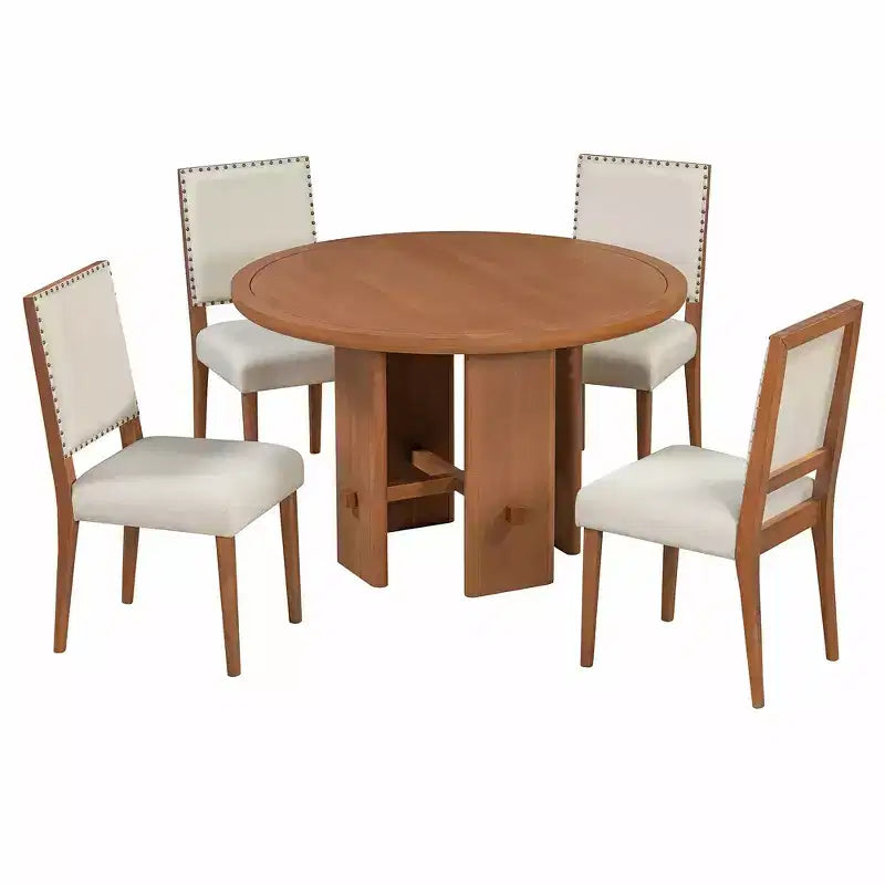 Table de salle à manger ronde 5 pièces style campagnard avec 4 chaises rembourrées en bois massif, ensemble pour 4 personnes