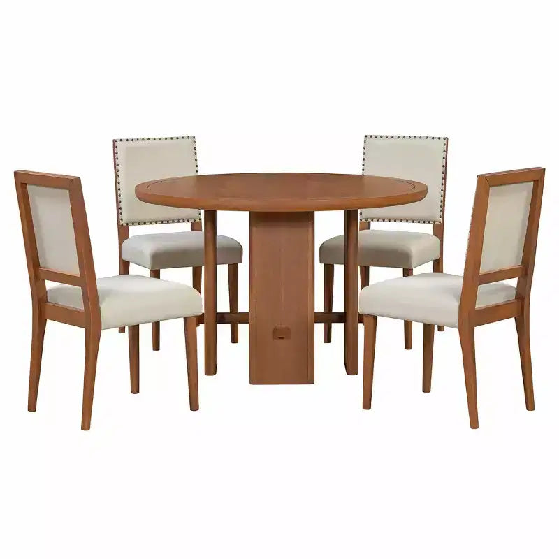 Whisen 5-Piece Farmhouse Round Dining Table with 4 Solid Wood Upholstered Chairs, Set for 4
