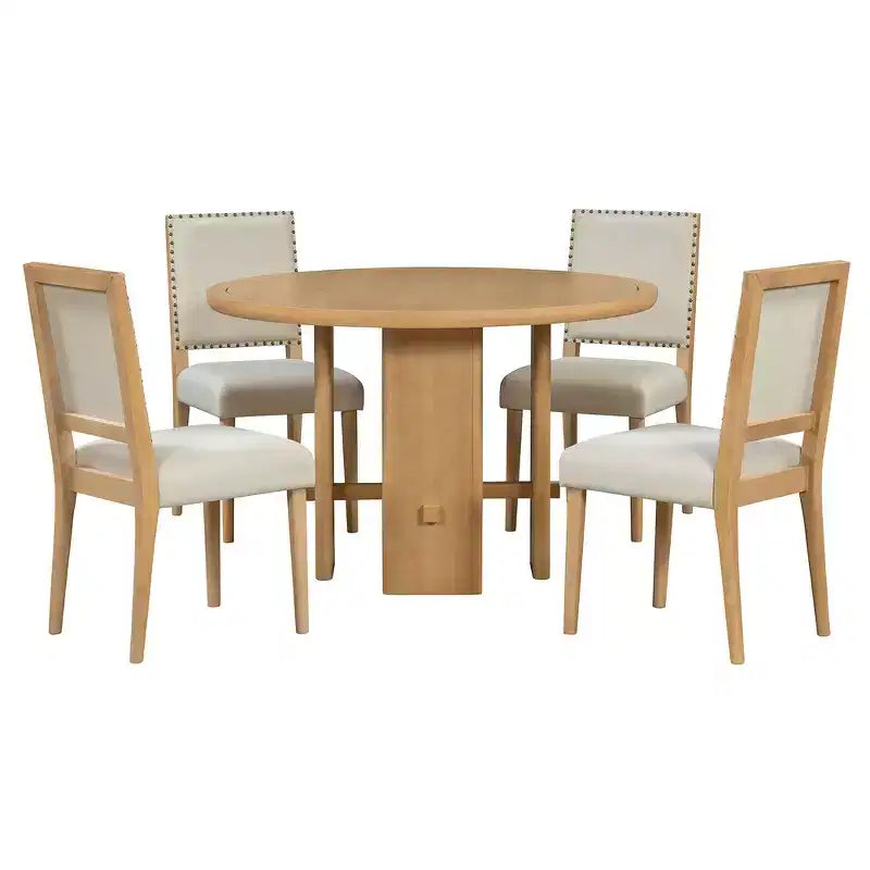 Table de salle à manger ronde 5 pièces style campagnard avec 4 chaises rembourrées en bois massif, ensemble pour 4 personnes