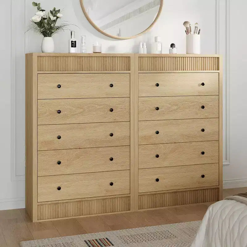 Commode de rangement moderne avec 5 tiroirs, armoire de rangement en bois pour chambre à coucher, chambre d'enfant, couloir, salon, chêne naturel 5 seaux