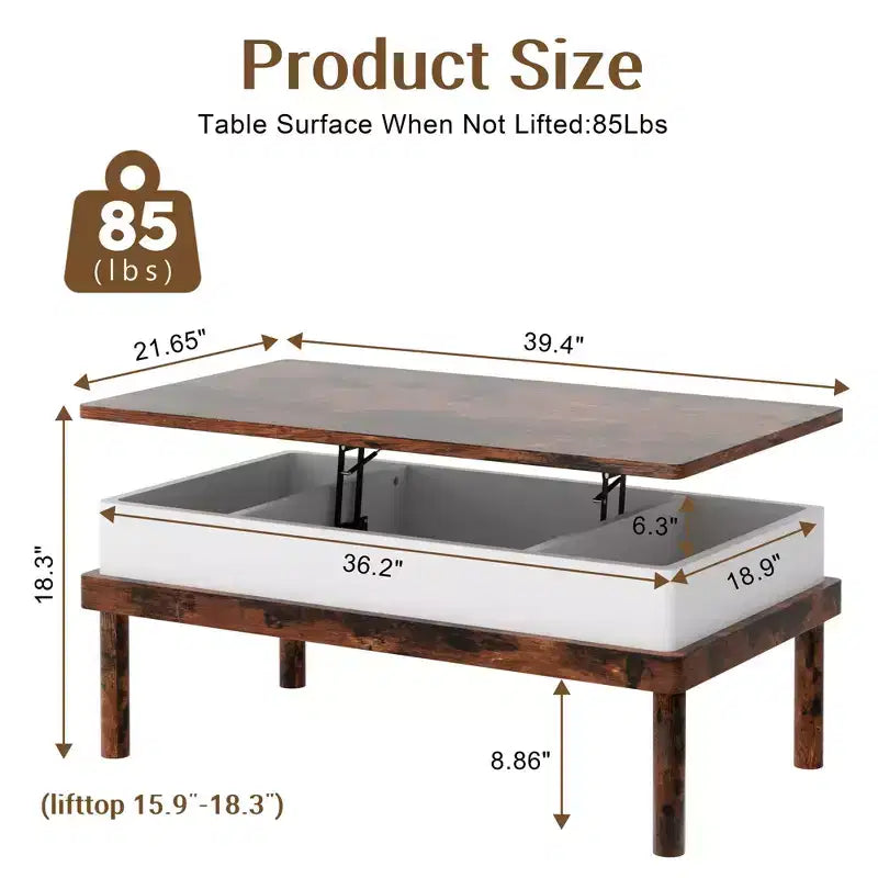 Table basse relevable avec compartiment caché, table à manger relevable, pour salon, bureau à domicile