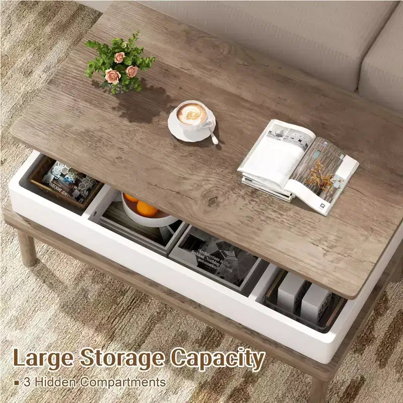 Table basse relevable avec compartiment caché, table à manger relevable, pour salon, bureau à domicile