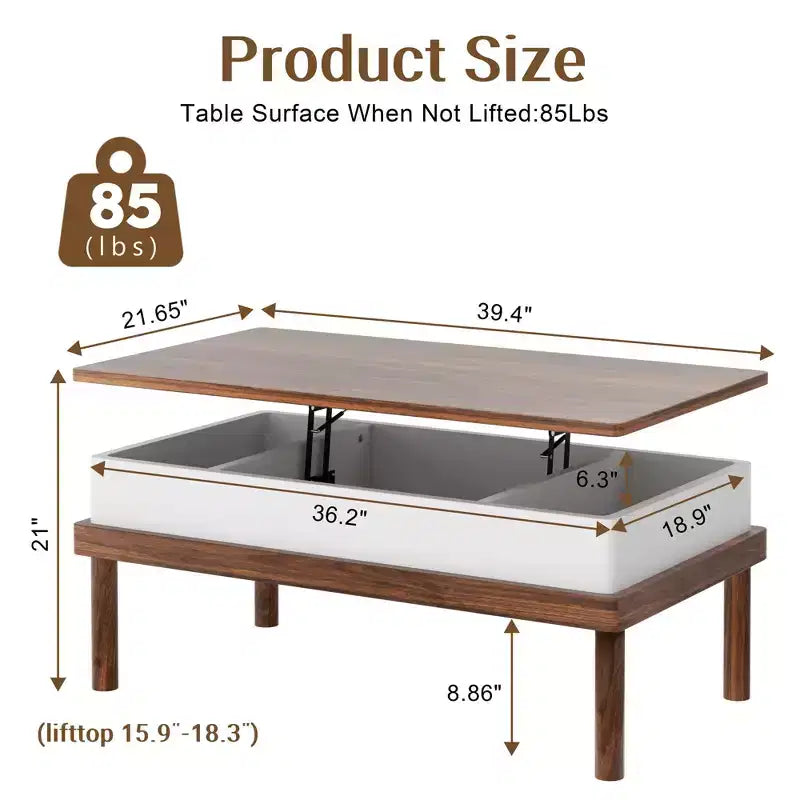Table basse relevable avec compartiment caché, table à manger relevable, pour salon, bureau à domicile