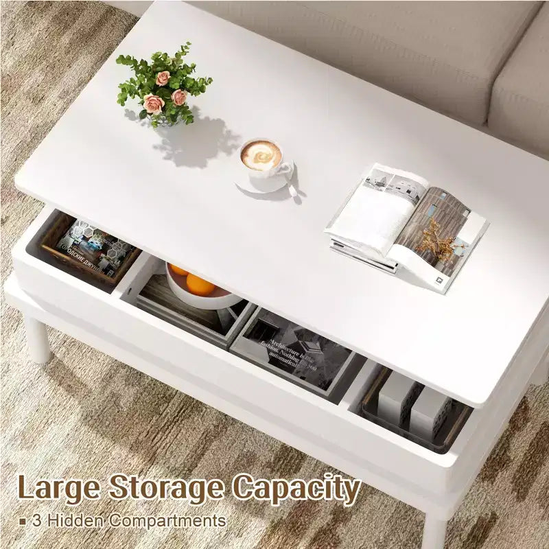 Table basse relevable avec compartiment caché, table à manger relevable, pour salon, bureau à domicile