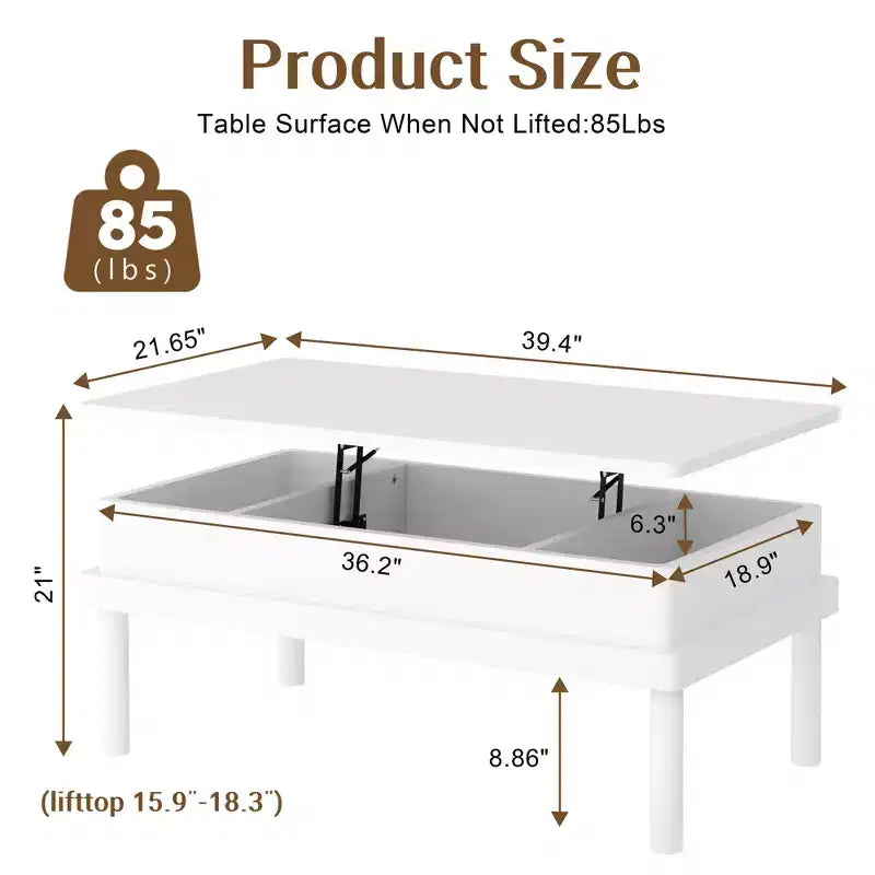 Table basse relevable avec compartiment caché, table à manger relevable, pour salon, bureau à domicile