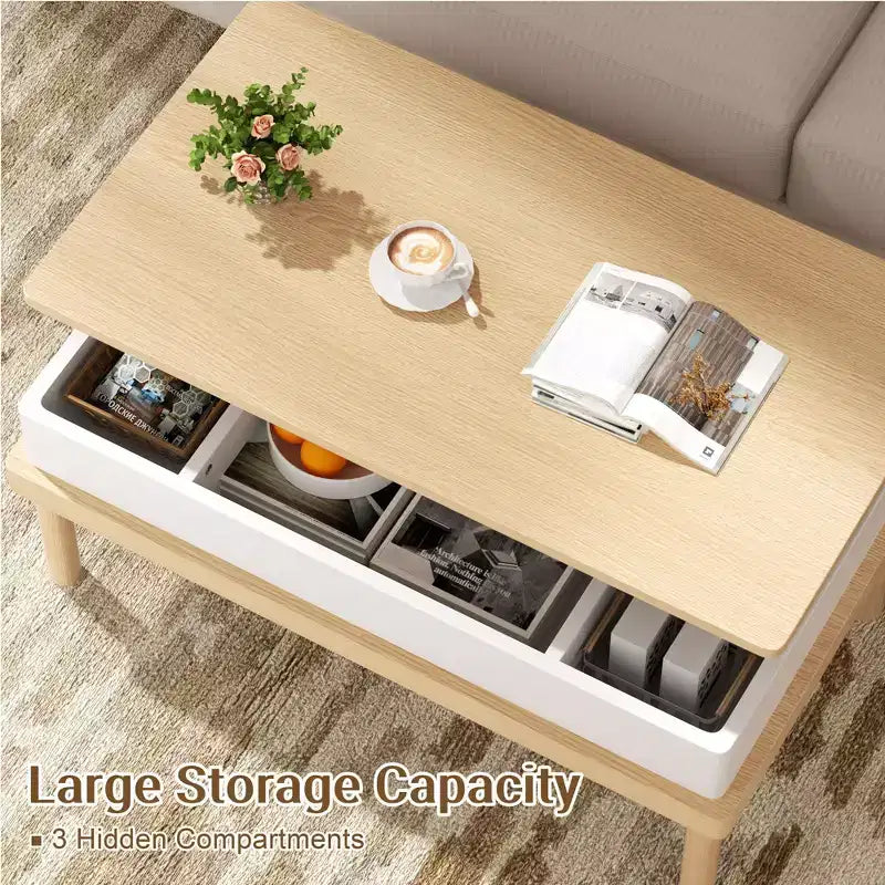 Table basse relevable avec compartiment caché, table à manger relevable, pour salon, bureau à domicile