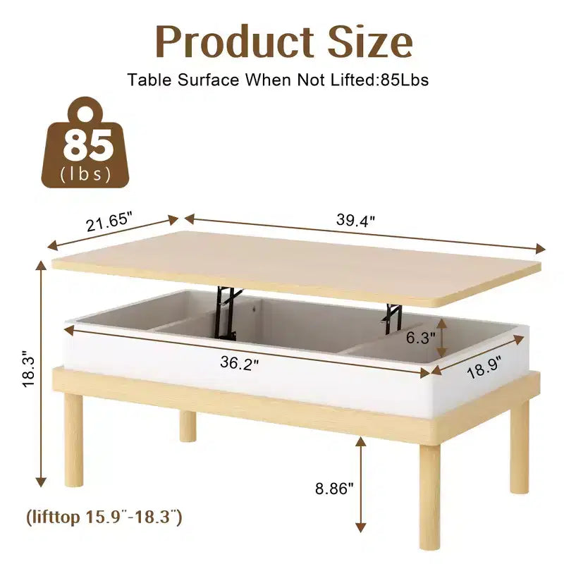 Table basse relevable avec compartiment caché, table à manger relevable, pour salon, bureau à domicile