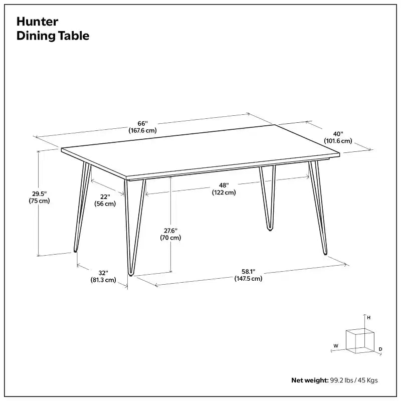 Table à manger industrielle rectangulaire 66 x 40 pouces