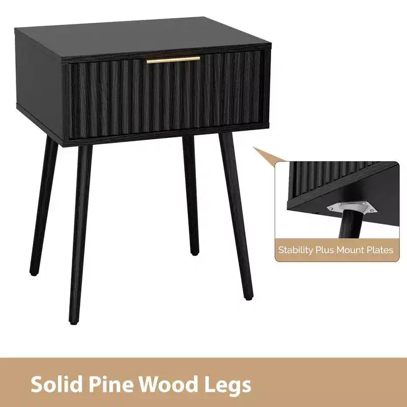 Table de chevet noire en relief de 48 cm, panneaux de particules et MDF, mélamine et formage sous vide, 1 tiroir, pieds hauts