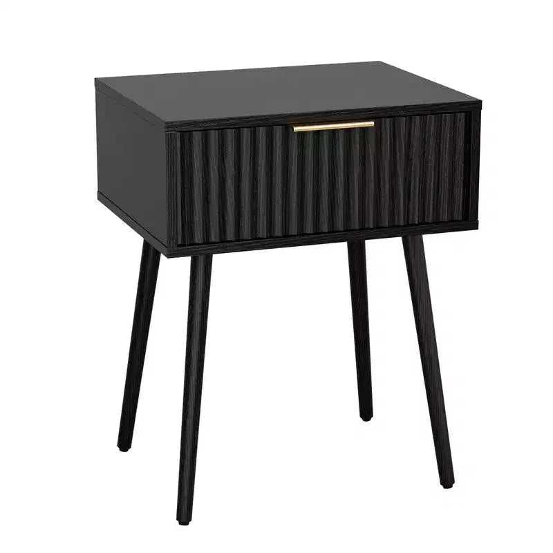 Table de chevet noire en relief de 48 cm, panneaux de particules et MDF, mélamine et formage sous vide, 1 tiroir, pieds hauts